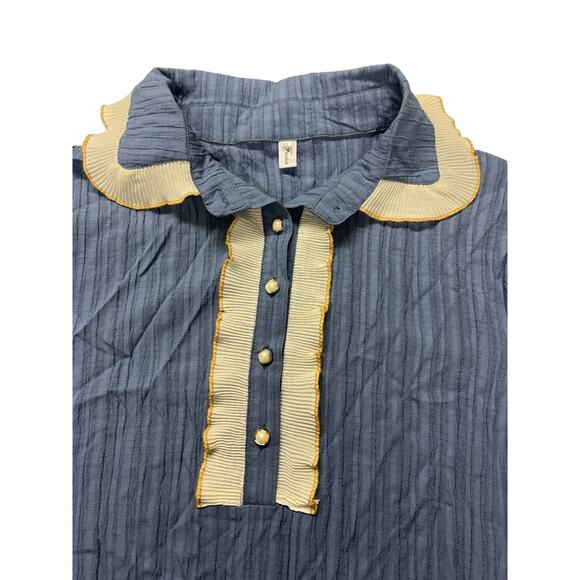 Blue Pleated Dress Collared Ruffle Gold Pearl Buttons Size XL Coquette - Picture 8 of 10